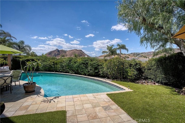 view of swimming pool with a lawn, a mountain view, and a patio area