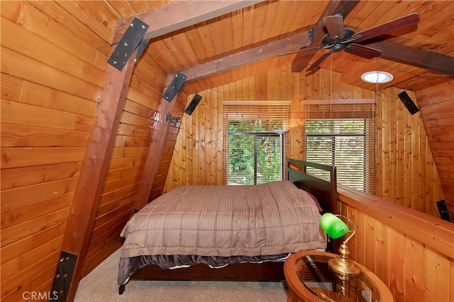 carpeted bedroom featuring wood ceiling, wood walls, and vaulted ceiling with beams