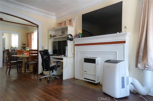 office space featuring ornamental molding and dark hardwood / wood-style flooring