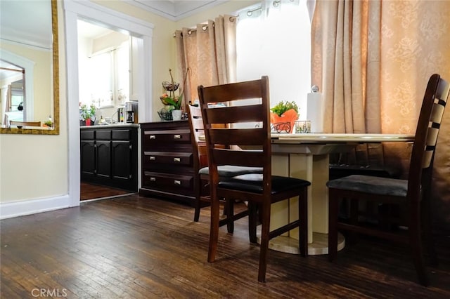 interior space with ornamental molding and dark hardwood / wood-style flooring