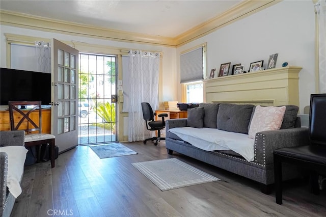 living room featuring ornamental molding, hardwood / wood-style flooring, and plenty of natural light