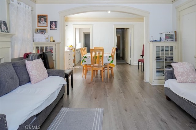 living room with light hardwood / wood-style flooring and ornamental molding