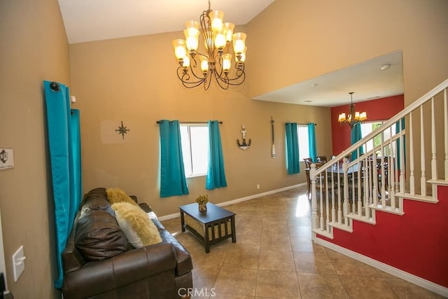 living room with high vaulted ceiling and tile patterned floors