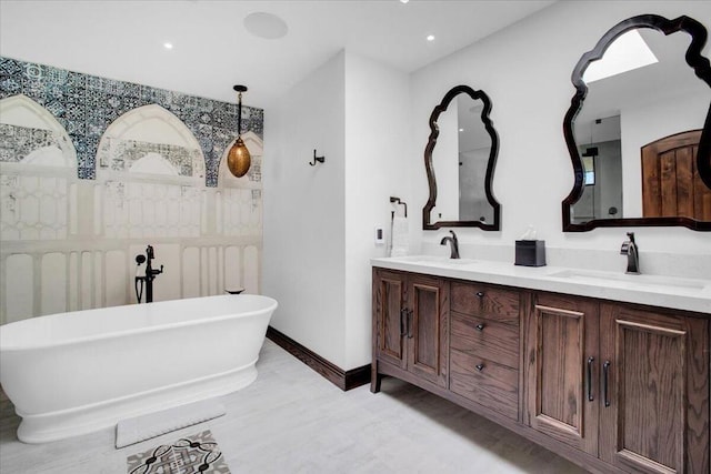 bathroom with vanity, a tub, and wood-type flooring