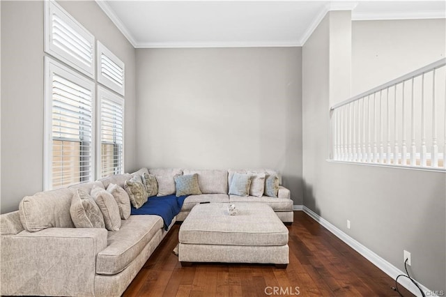 living room with crown molding and dark hardwood / wood-style flooring