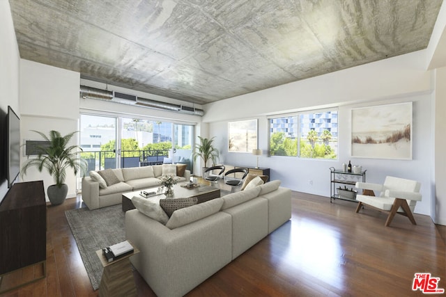 living room with dark hardwood / wood-style flooring