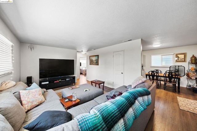 living room featuring a textured ceiling and wood-type flooring