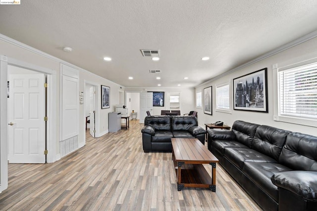 living room featuring a wealth of natural light, light hardwood / wood-style flooring, a textured ceiling, and crown molding