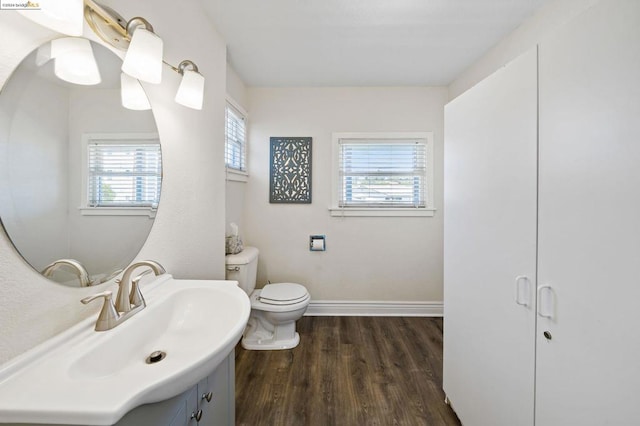 bathroom with vanity, toilet, a wealth of natural light, and wood-type flooring