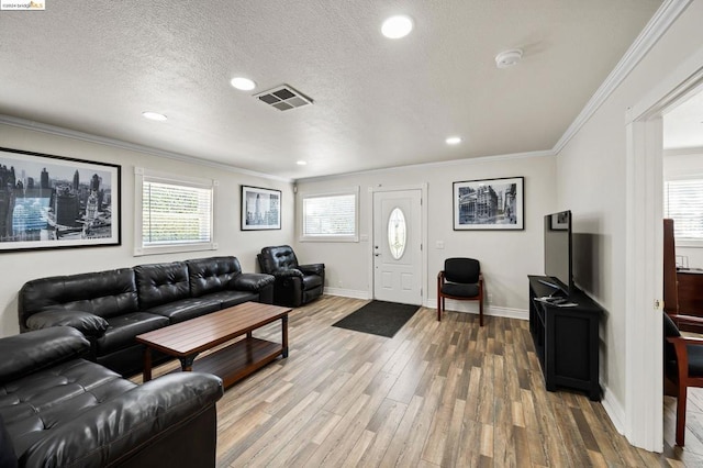 living room with crown molding, a textured ceiling, and wood-type flooring