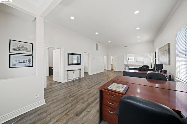 office featuring crown molding, a healthy amount of sunlight, and dark wood-type flooring