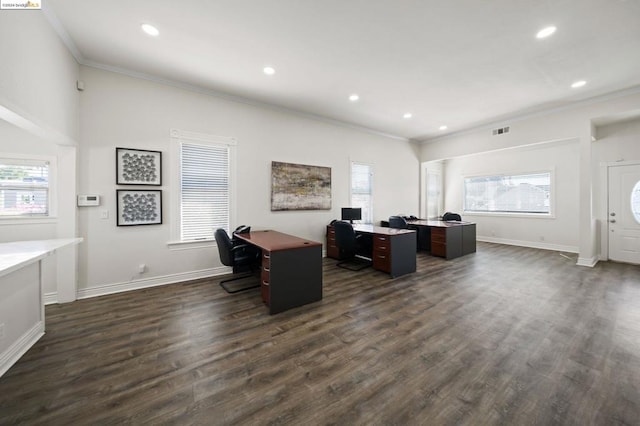 office space featuring dark wood-type flooring and crown molding