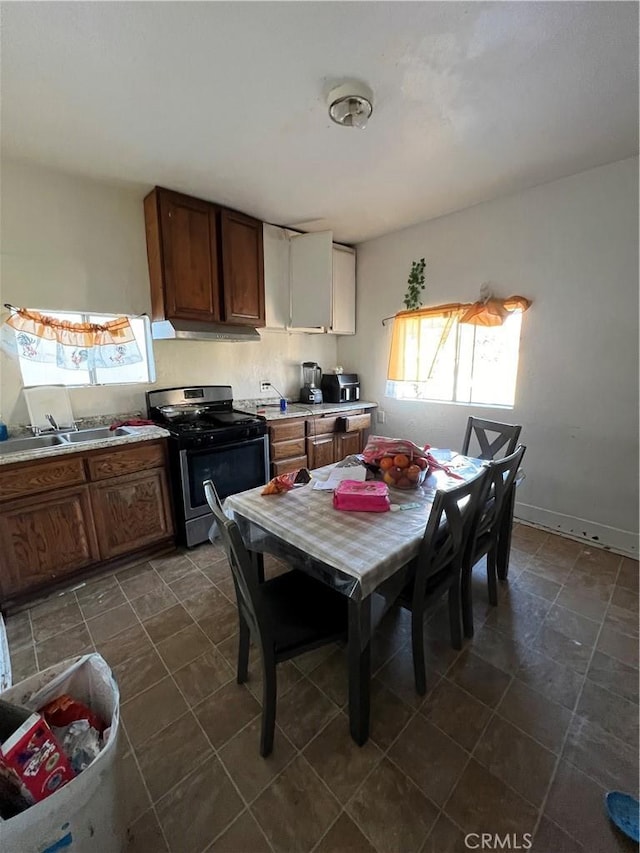 kitchen featuring stainless steel gas range oven and sink