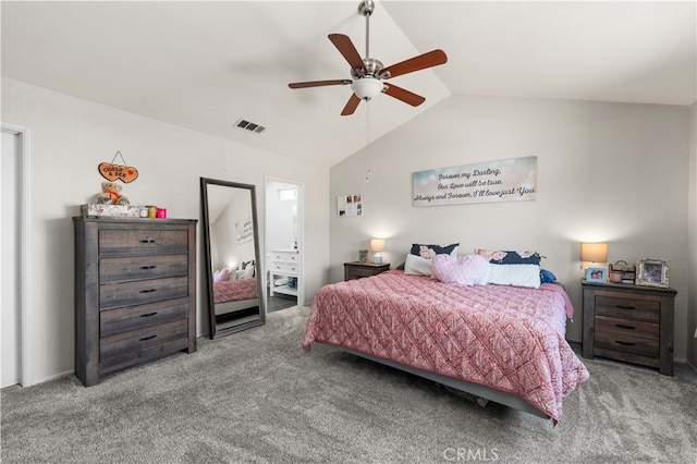 bedroom featuring carpet floors, ceiling fan, and vaulted ceiling