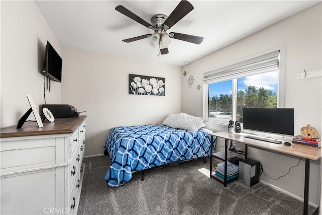 bedroom featuring dark carpet and ceiling fan