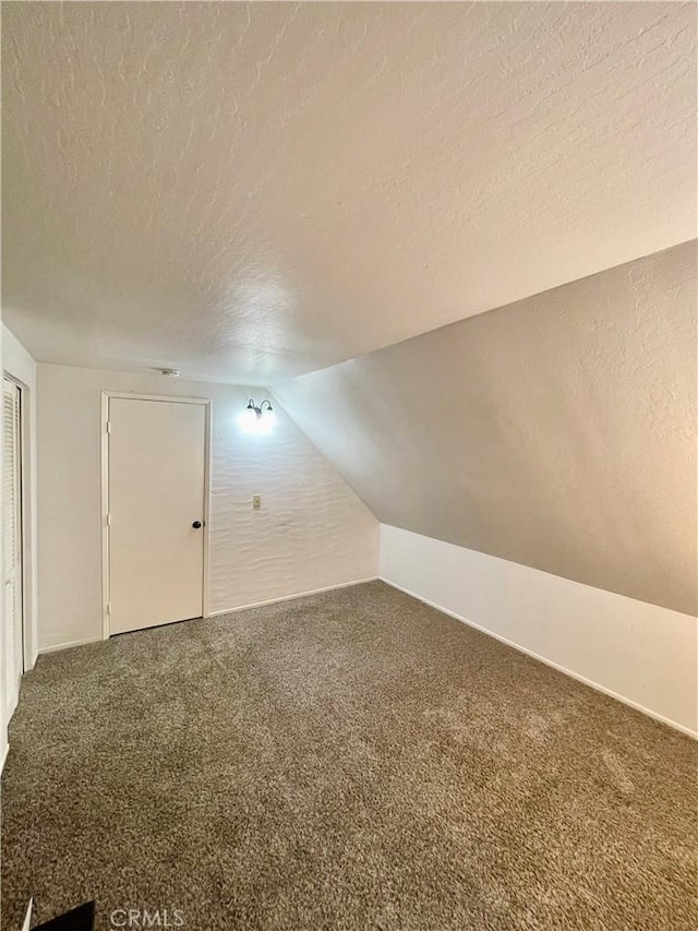 additional living space featuring lofted ceiling, carpet, and a textured ceiling