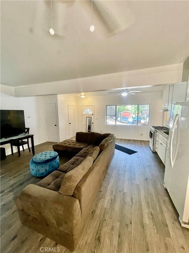 living room featuring ceiling fan and light hardwood / wood-style floors