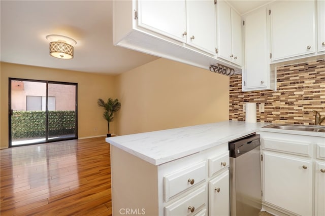 kitchen with white cabinetry, kitchen peninsula, and stainless steel dishwasher