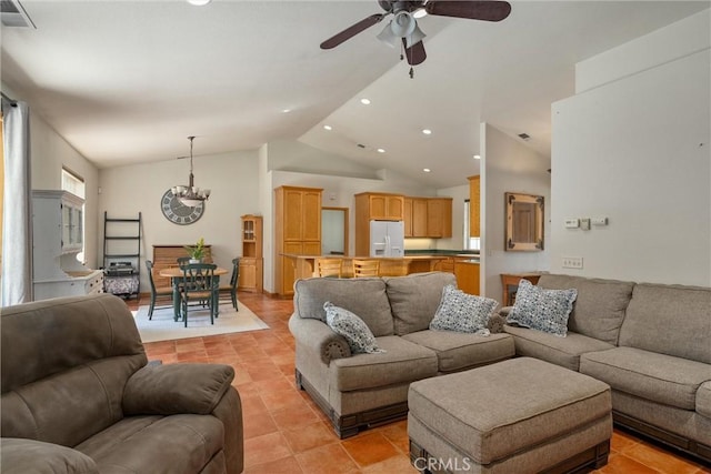 tiled living room featuring high vaulted ceiling and ceiling fan