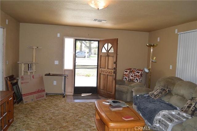 carpeted living room with a textured ceiling