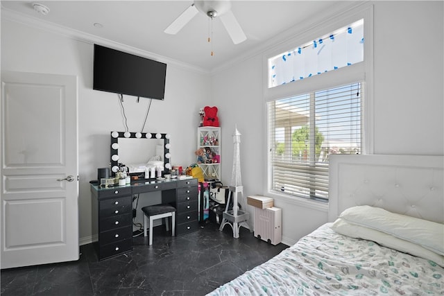 bedroom with ornamental molding, radiator, and ceiling fan