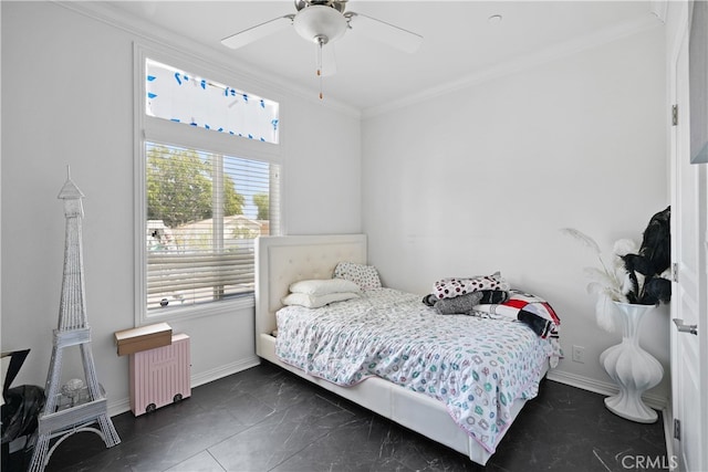 bedroom featuring radiator, ceiling fan, and crown molding