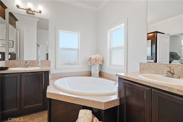 bathroom featuring vanity, a washtub, and crown molding