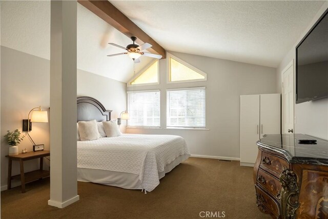 bedroom featuring lofted ceiling with beams, dark colored carpet, and ceiling fan