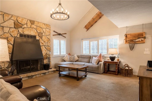 carpeted living room featuring high vaulted ceiling and a fireplace