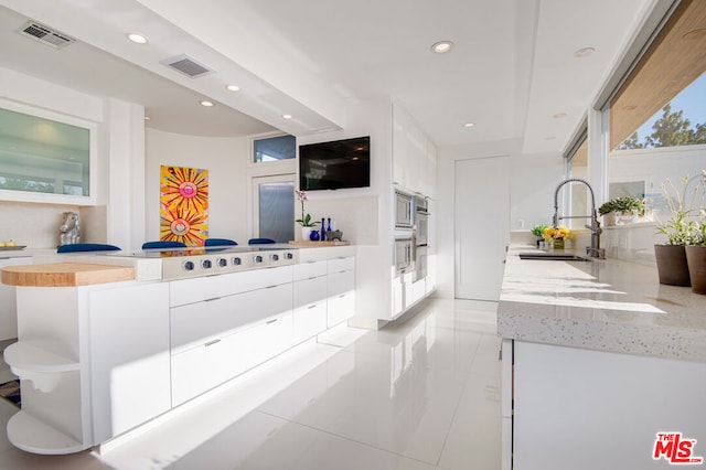 interior space featuring white cabinetry, sink, light stone countertops, and appliances with stainless steel finishes