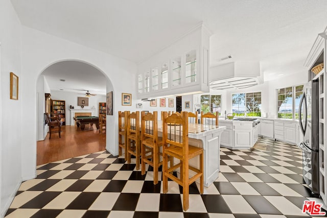 dining room featuring pool table, ceiling fan, and dark hardwood / wood-style flooring