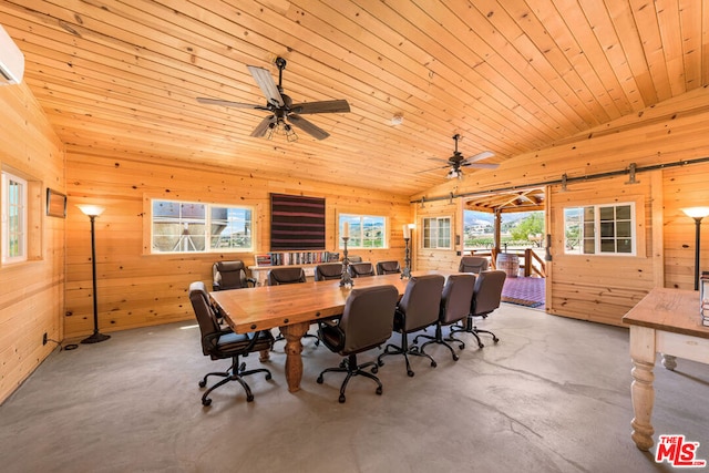 office with wooden ceiling, wood walls, ceiling fan, and high vaulted ceiling