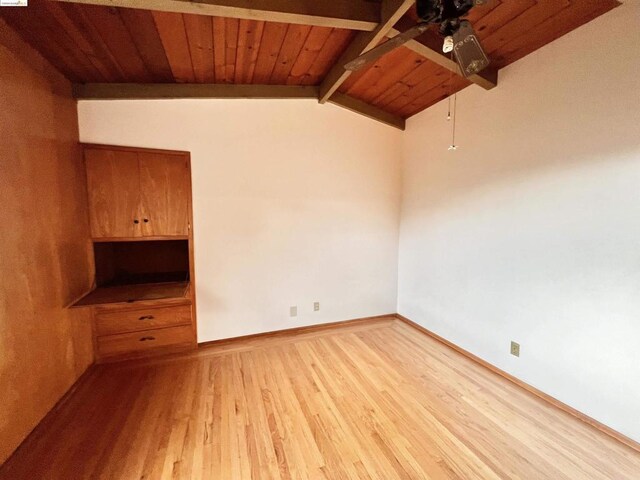 spare room with light wood-type flooring, vaulted ceiling with beams, ceiling fan, and wooden ceiling