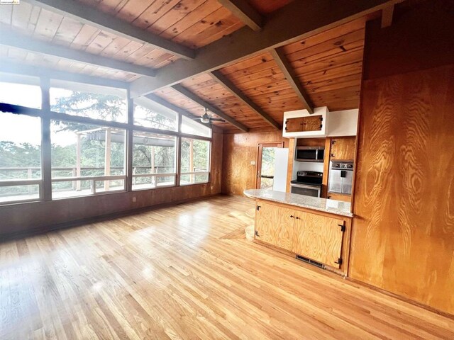 kitchen with wood walls, lofted ceiling with beams, ceiling fan, light wood-type flooring, and stainless steel appliances