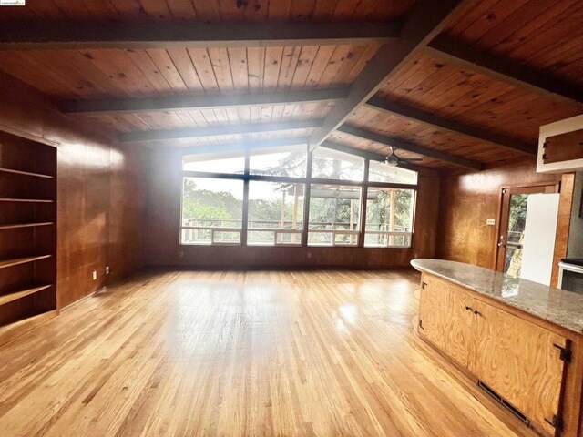 unfurnished living room featuring lofted ceiling with beams, wooden walls, light hardwood / wood-style flooring, ceiling fan, and wood ceiling