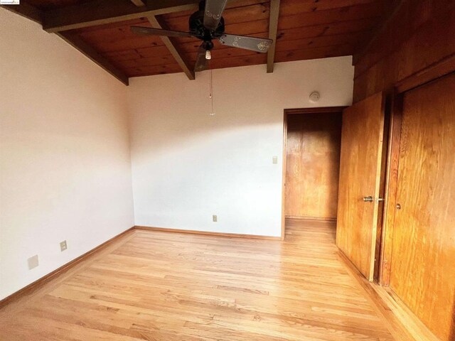 unfurnished room with ceiling fan, wooden ceiling, lofted ceiling with beams, and light hardwood / wood-style floors