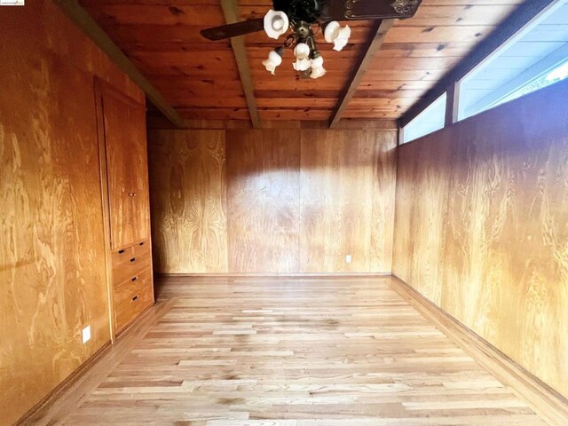 bonus room featuring wooden walls, ceiling fan, wood ceiling, and light wood-type flooring