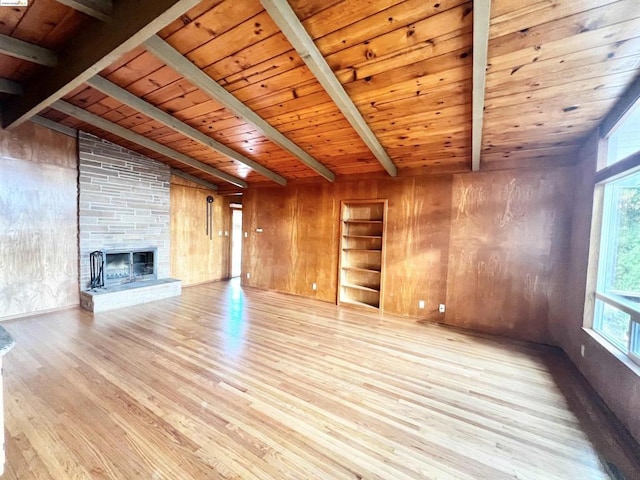 unfurnished living room with light wood-type flooring, lofted ceiling with beams, wooden ceiling, a fireplace, and wood walls