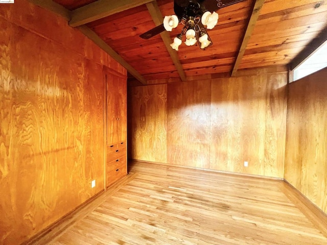 spare room featuring ceiling fan, wooden ceiling, vaulted ceiling with beams, light hardwood / wood-style flooring, and wooden walls