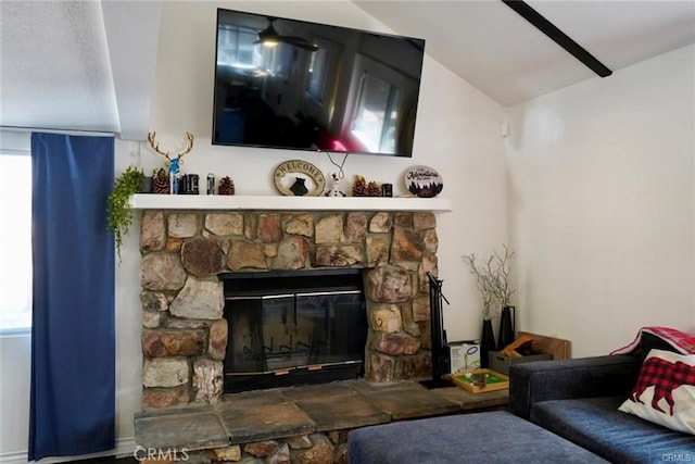 interior space with a stone fireplace