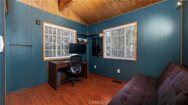 office featuring lofted ceiling with beams, wood-type flooring, wooden ceiling, and wooden walls