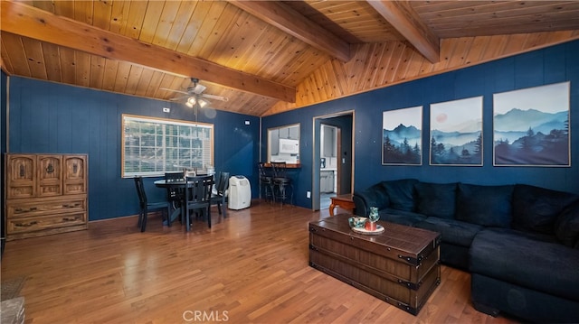 living room featuring wood ceiling, lofted ceiling with beams, hardwood / wood-style floors, and ceiling fan