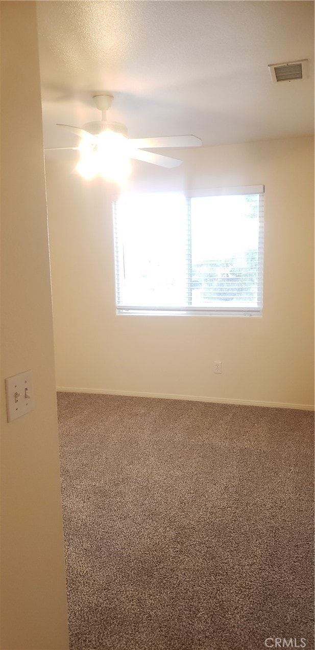 empty room with a textured ceiling, carpet flooring, ceiling fan, and a wealth of natural light