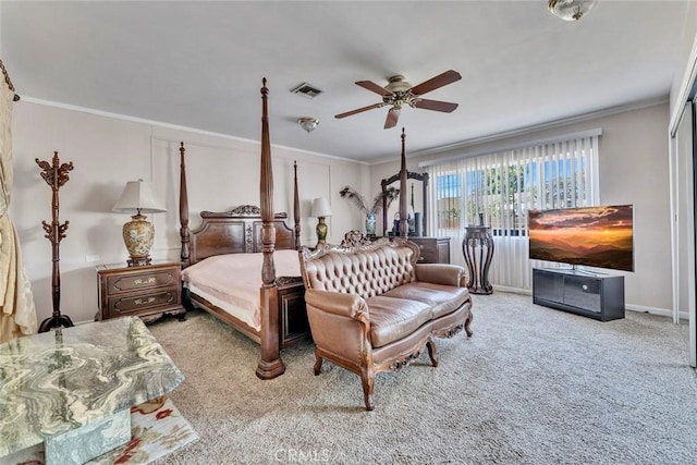 1021 S Lark Ellen Ave, West Covina, CA 91791 - carpeted bedroom with visible vents, crown molding, and ceiling fan