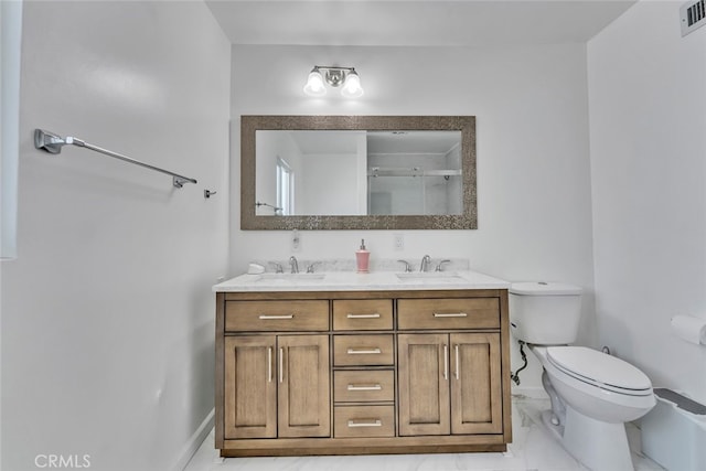 bathroom with vanity, toilet, an enclosed shower, and tile patterned floors