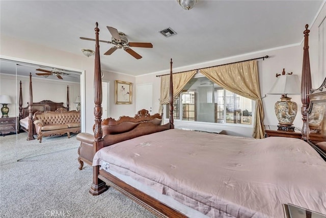 1021 S Lark Ellen Ave, West Covina, CA 91791 - carpeted bedroom with visible vents, ornamental molding, and a ceiling fan