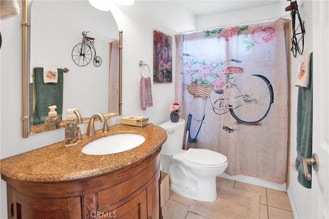 bathroom featuring tile patterned floors, a shower with curtain, vanity, and toilet