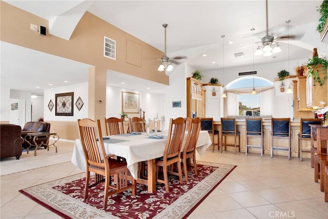 dining space with recessed lighting, light tile patterned flooring, a ceiling fan, and visible vents