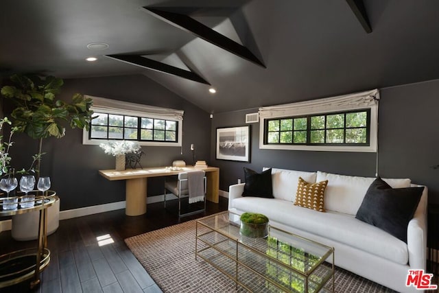 living room with lofted ceiling, dark hardwood / wood-style flooring, and plenty of natural light