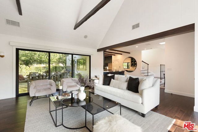 living room featuring high vaulted ceiling, beamed ceiling, and dark hardwood / wood-style floors